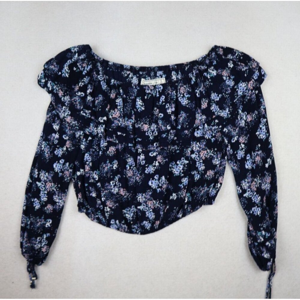 ABERCROMBIE & FITCH - WOMEN'S BLUE FLORAL PRINT CROPPED BOHO PEASANT TOP - S